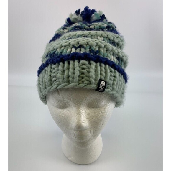 North Face Nanny Knit Beanie Blue Striped Chunky Pom Pom NF00A9EW Adult One Size - Picture 8 of 11